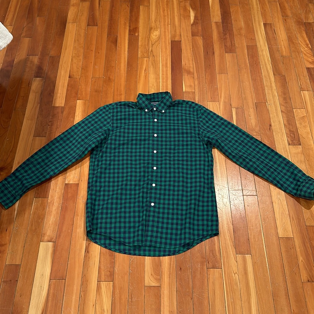 Club Room - Green and Navy Checkered Button-Down Dress Shirt, Size M